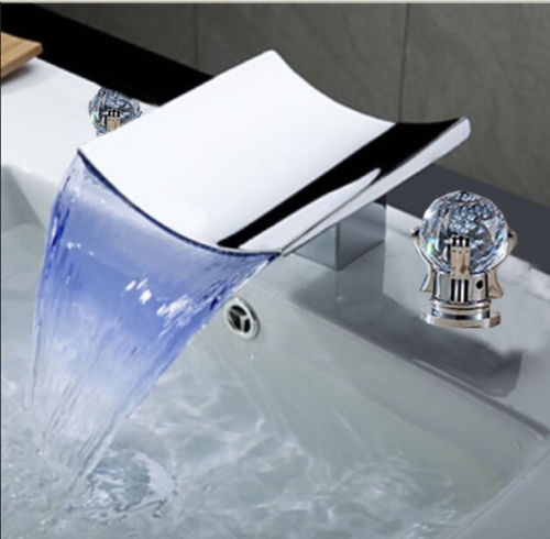 New Luxury LED Crystal Handle Waterfall Mixer Bathroom Widespread Sink Faucet